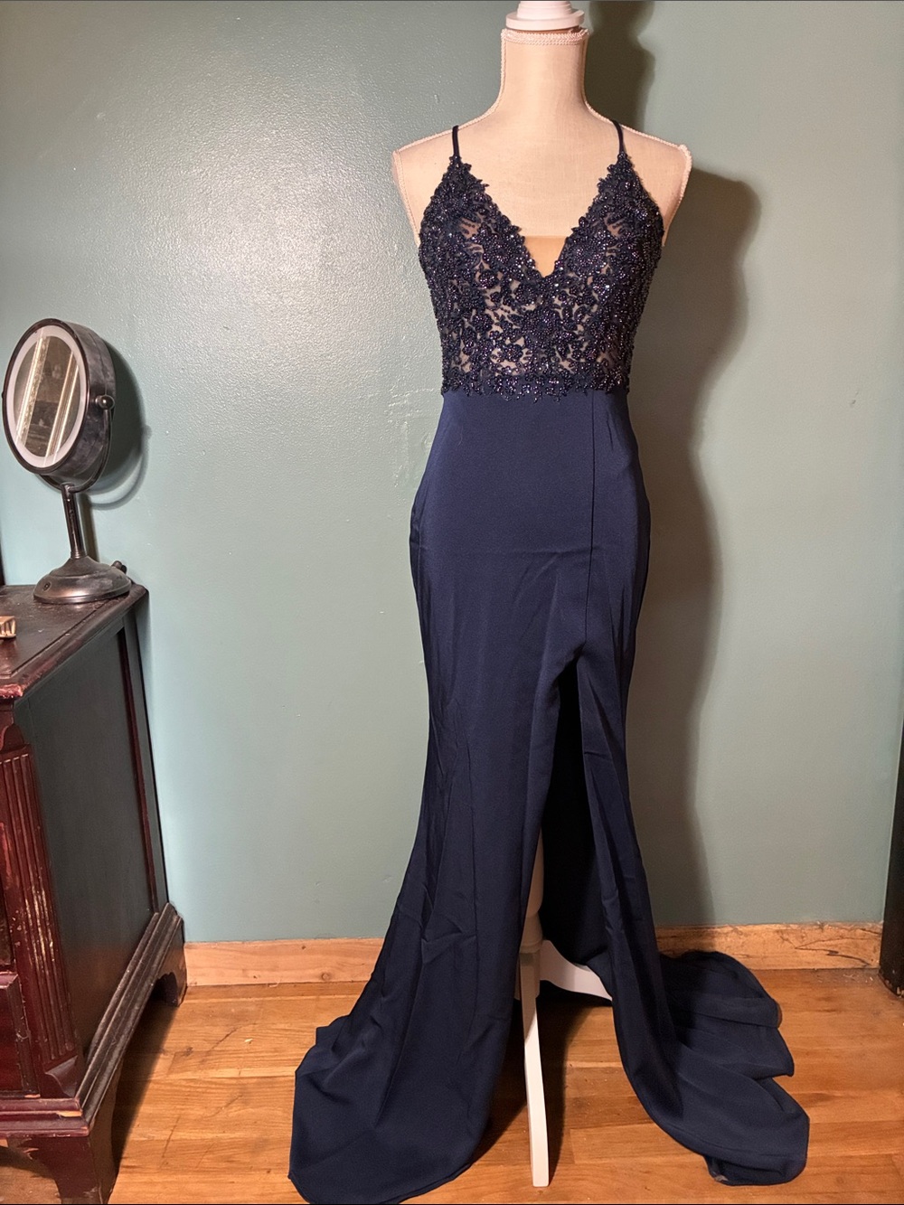 Faviana Navy Lace Bodice Spaghetti Strap Prom Gown